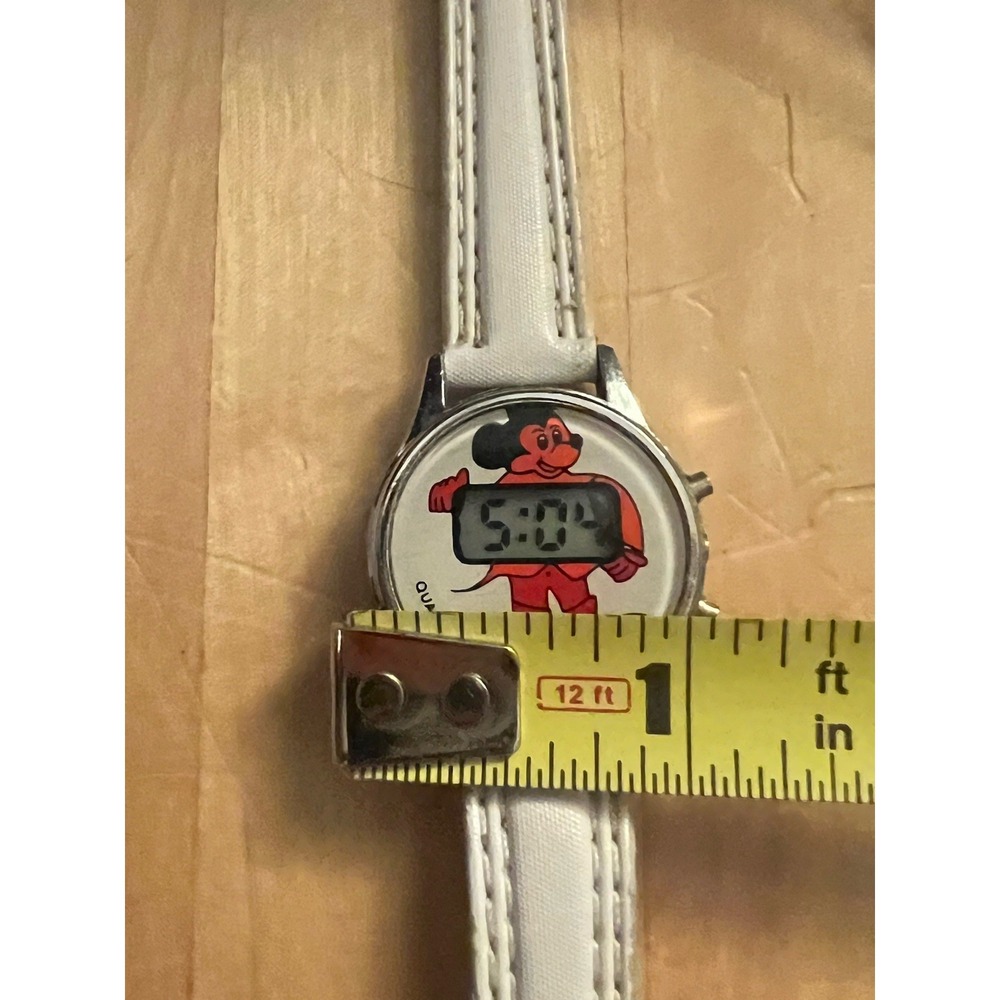 Vintage Disney Mickey Mouse Quartz Wrist Watch White Leather Band Works Great! - Picture 11 of 12